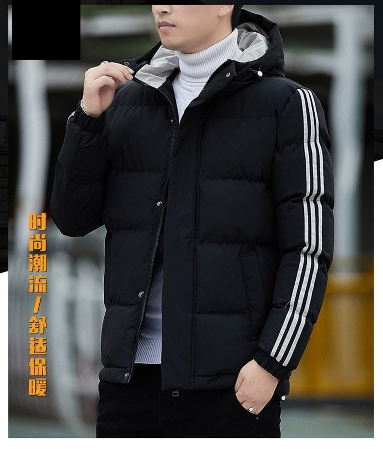 Men's Winter Thick Warm Striped Pattern Hooded Zipper Jacket