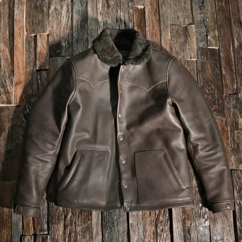 Men's Winter Warm Solid Genuine Leather Turn-down Collar Thicken Jacket