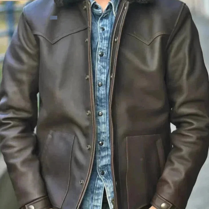 Men's Winter Warm Solid Genuine Leather Turn-down Collar Thicken Jacket