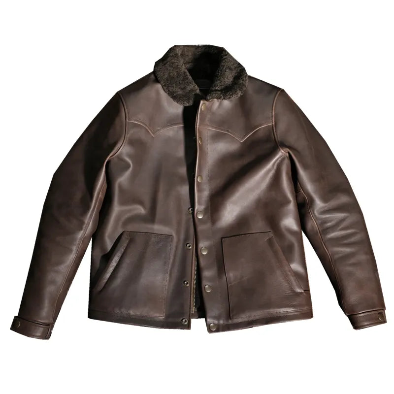 Men's Winter Warm Solid Genuine Leather Turn-down Collar Thicken Jacket