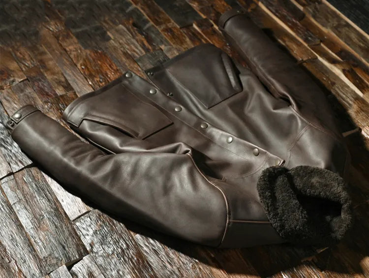 Men's Winter Warm Solid Genuine Leather Turn-down Collar Thicken Jacket