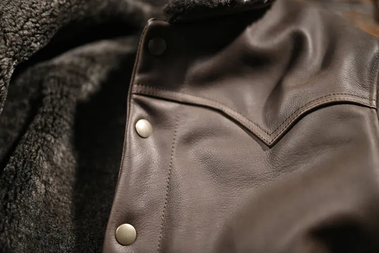 Men's Winter Warm Solid Genuine Leather Turn-down Collar Thicken Jacket