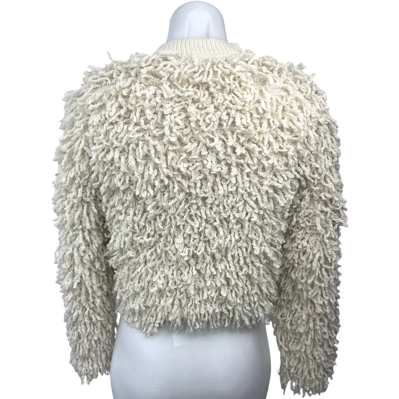 MNG Beige Button Round Neck Shaggy Fringe Cardigan Sweater Jacket Top Size S