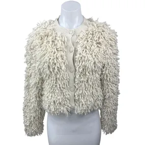 MNG Beige Button Round Neck Shaggy Fringe Cardigan Sweater Jacket Top Size S