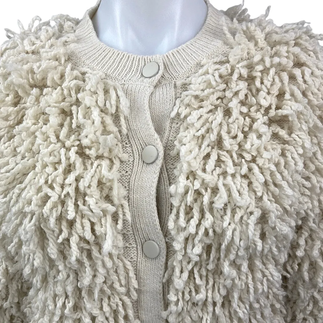 MNG Beige Button Round Neck Shaggy Fringe Cardigan Sweater Jacket Top Size S