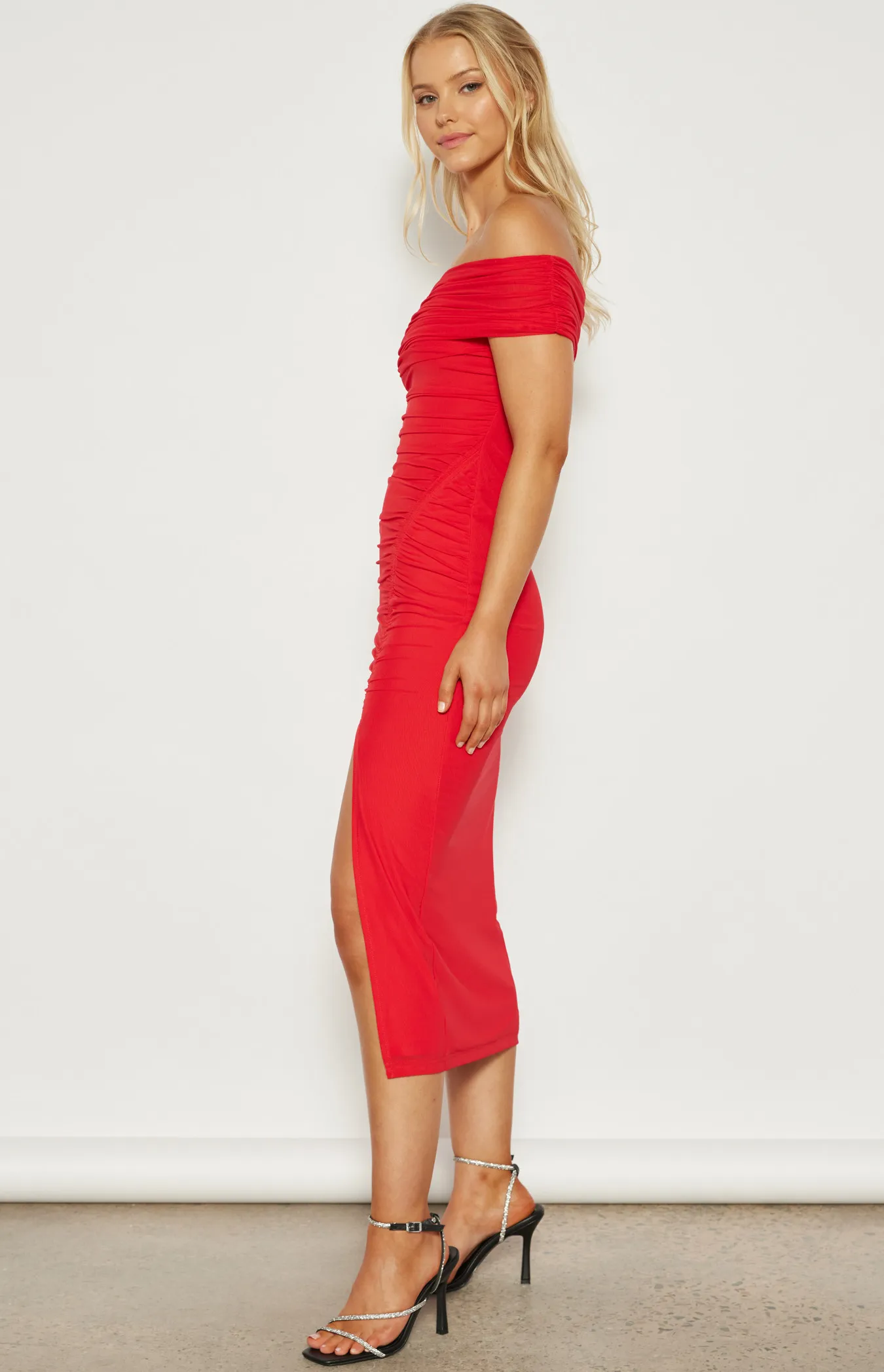 Off the Shoulder Ruche Mesh Midi Dress (WDR655-2A)