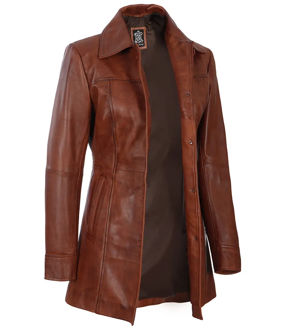 Petite Women's Cognac Wax Real Leather Car Coat