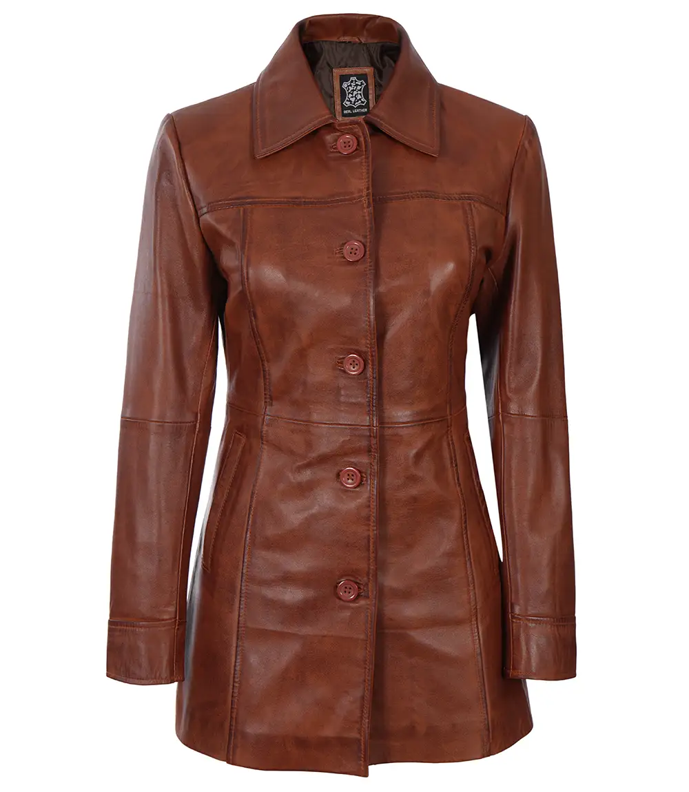 Petite Women's Cognac Wax Real Leather Car Coat