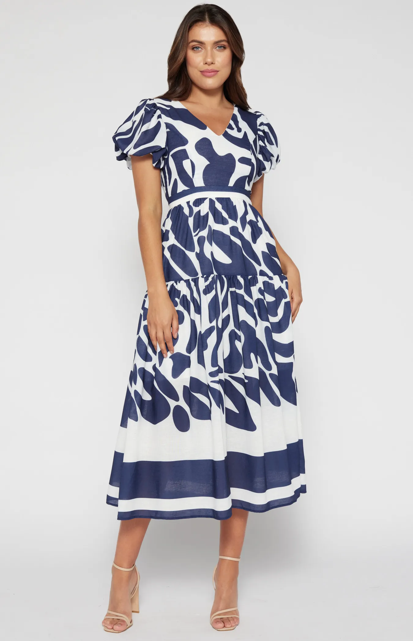  Placement Print Faux Linen Midi Dress (SDR1491B)