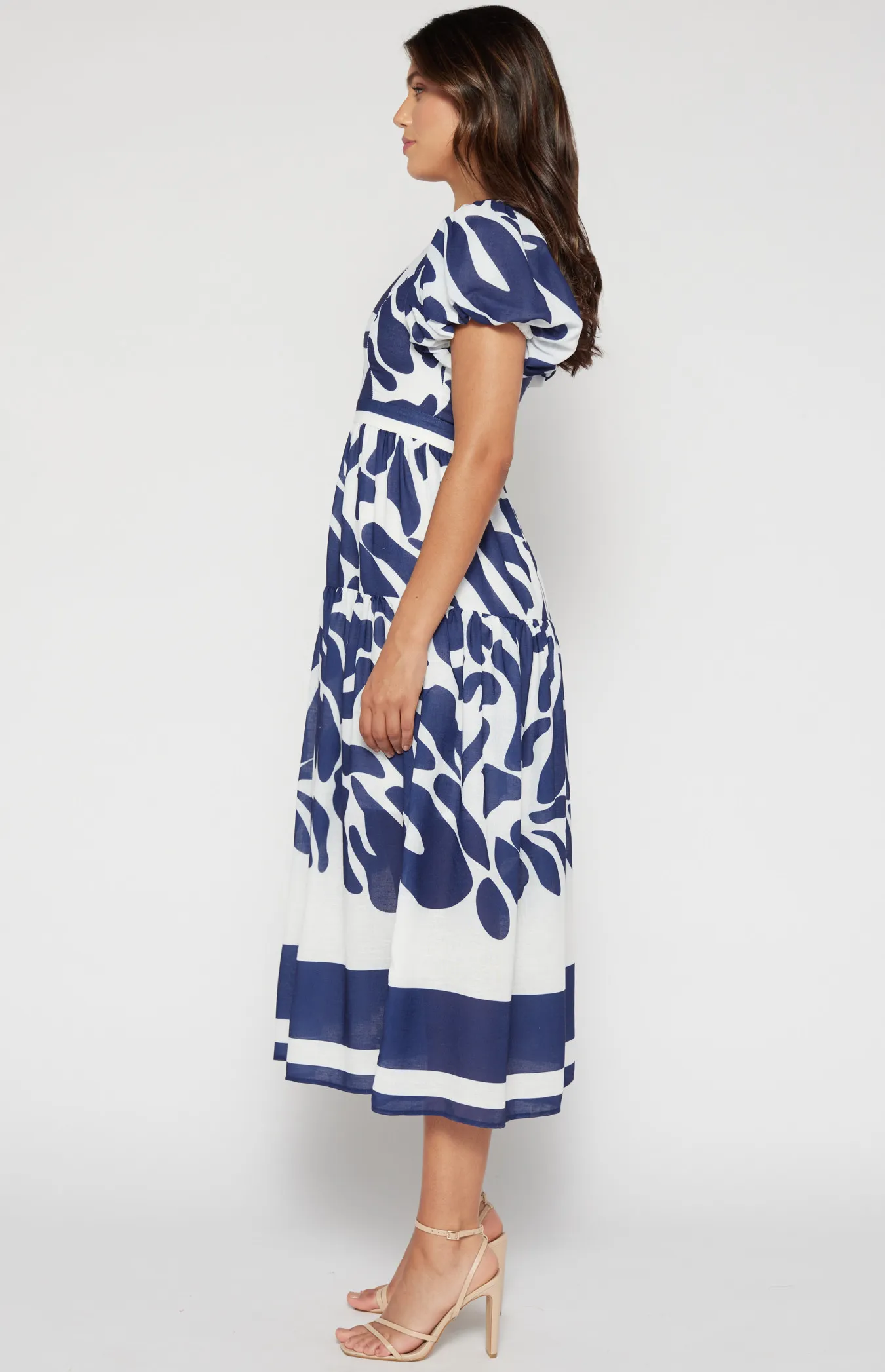  Placement Print Faux Linen Midi Dress (SDR1491B)