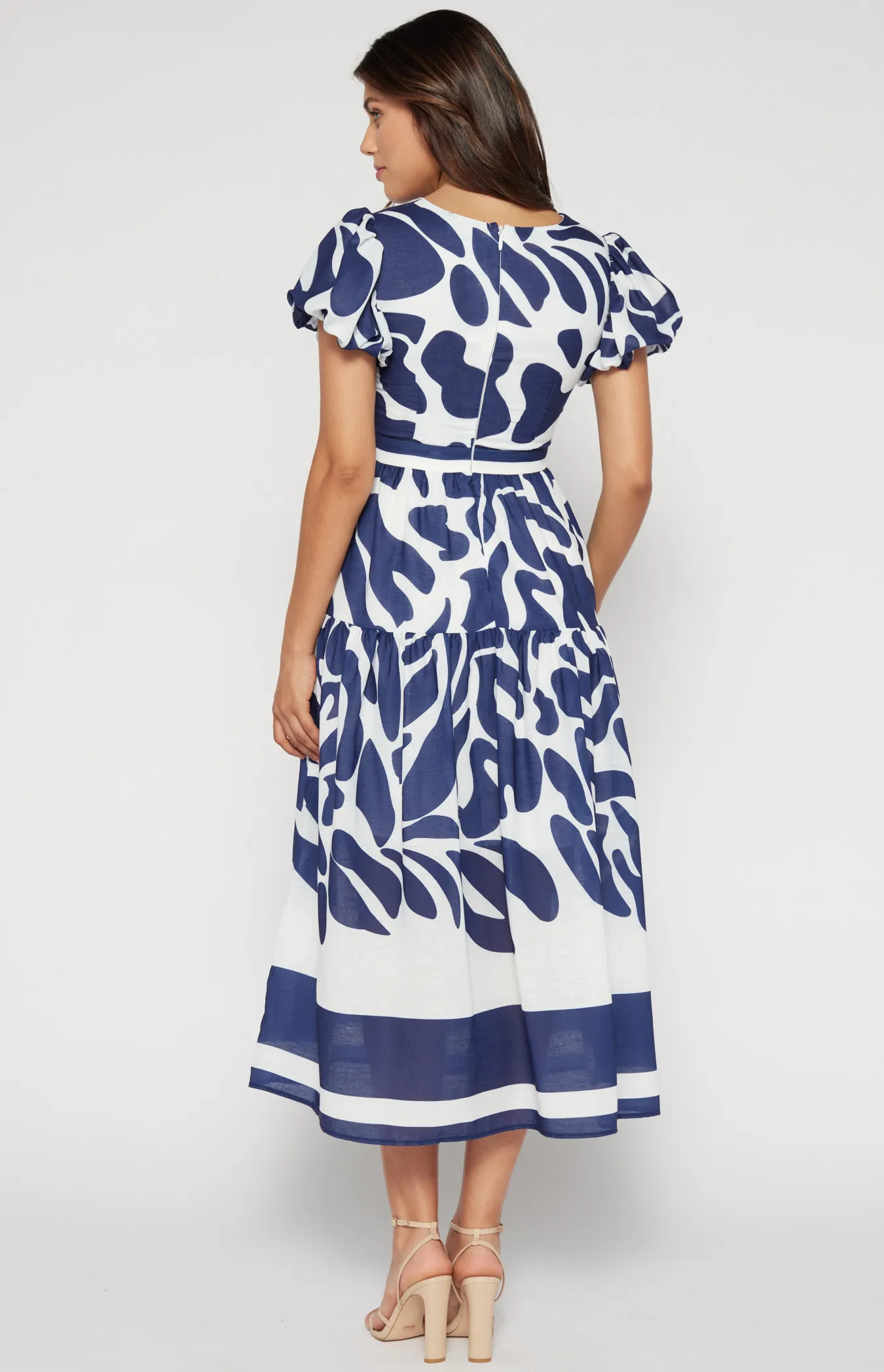  Placement Print Faux Linen Midi Dress (SDR1491B)