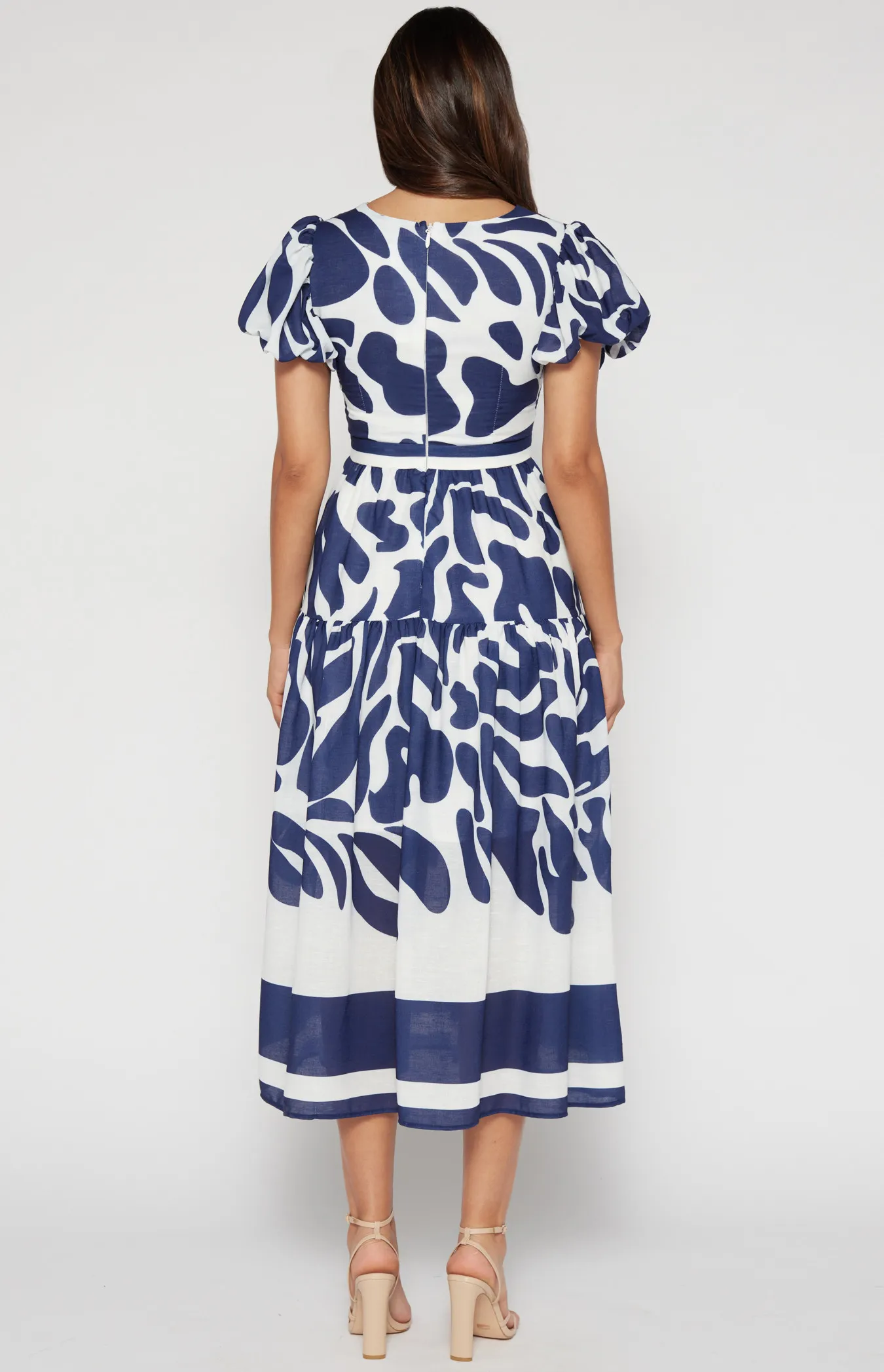  Placement Print Faux Linen Midi Dress (SDR1491B)