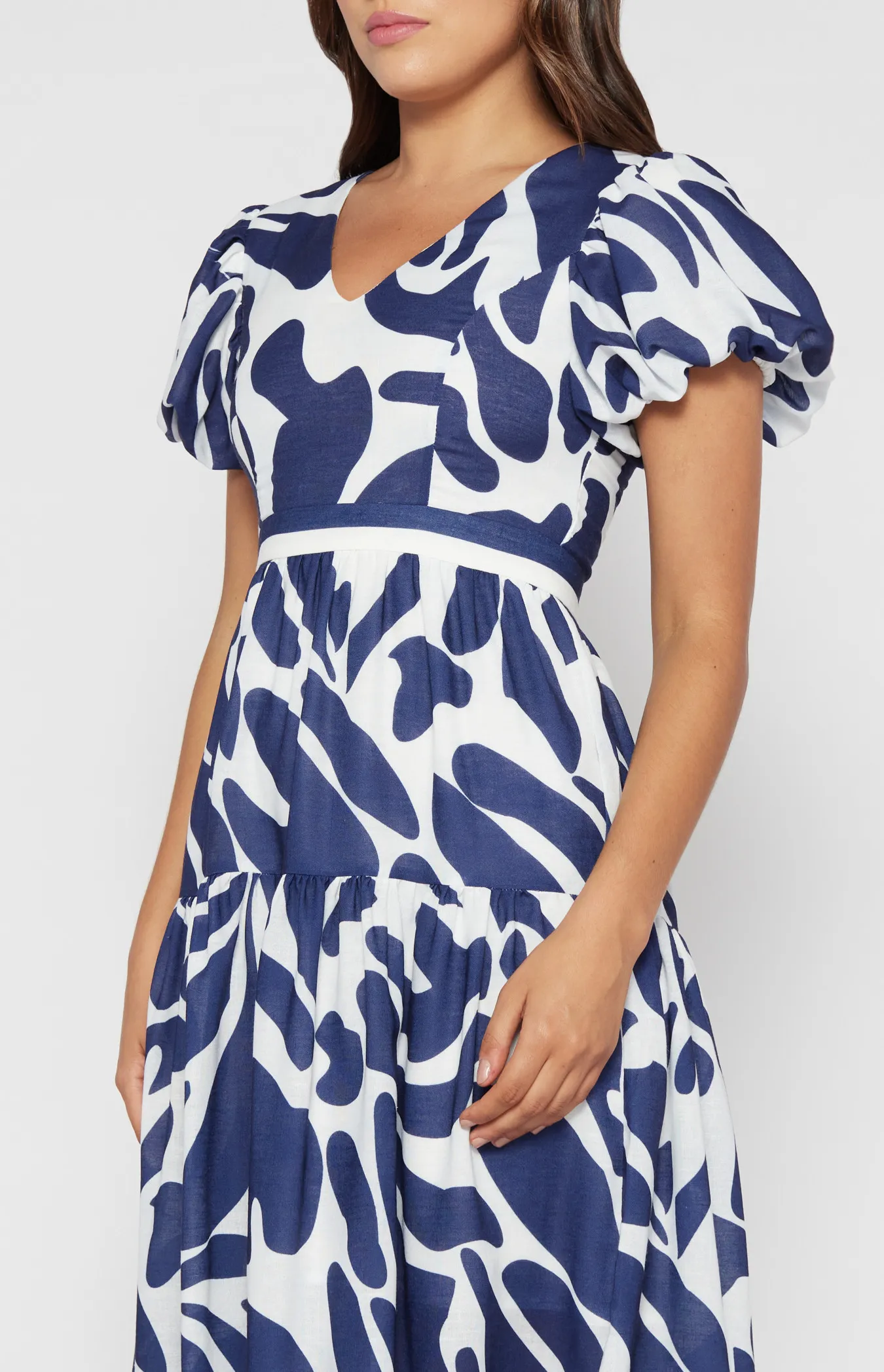  Placement Print Faux Linen Midi Dress (SDR1491B)