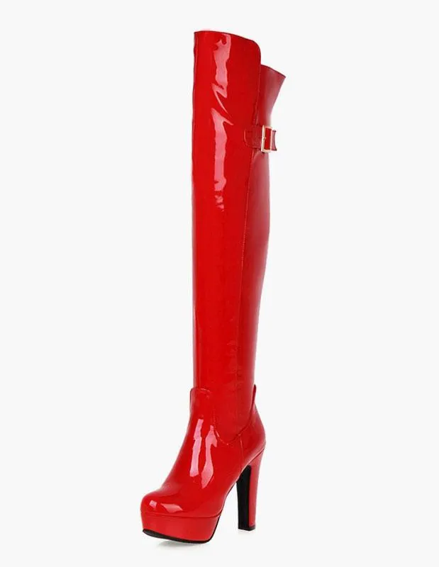 Platform Thigh High Boots Womens Round Toe Chunky Bright Leather Heel Boots