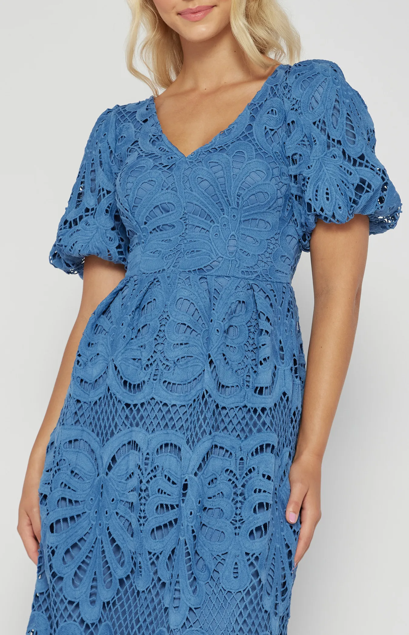 Puff Sleeves V Neckline Lace Dress (SDR1543A)