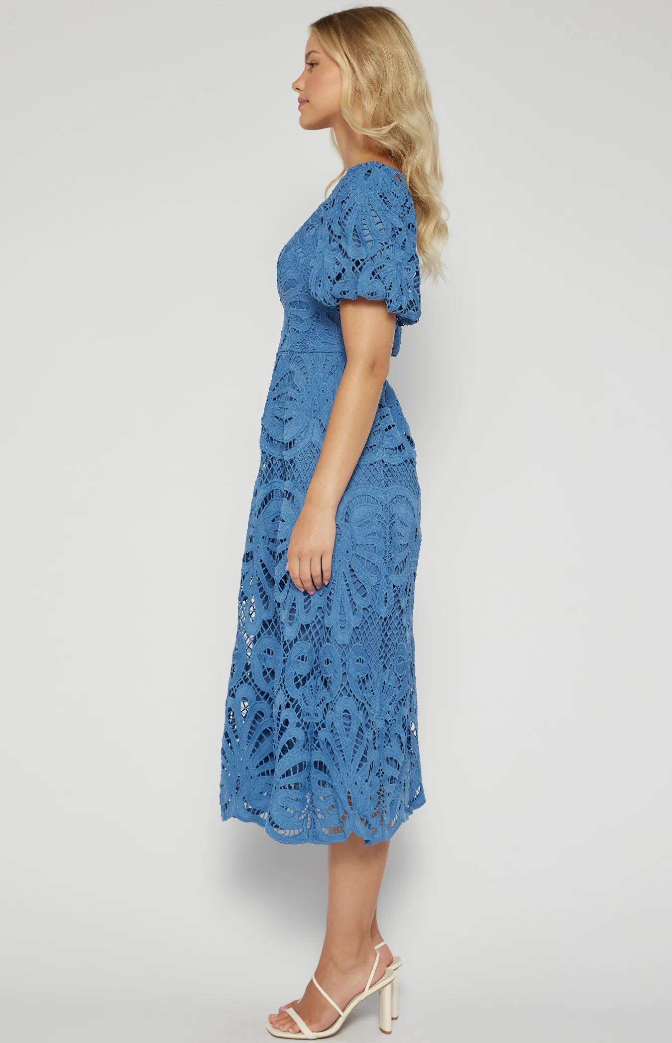 Puff Sleeves V Neckline Lace Dress (SDR1543A)