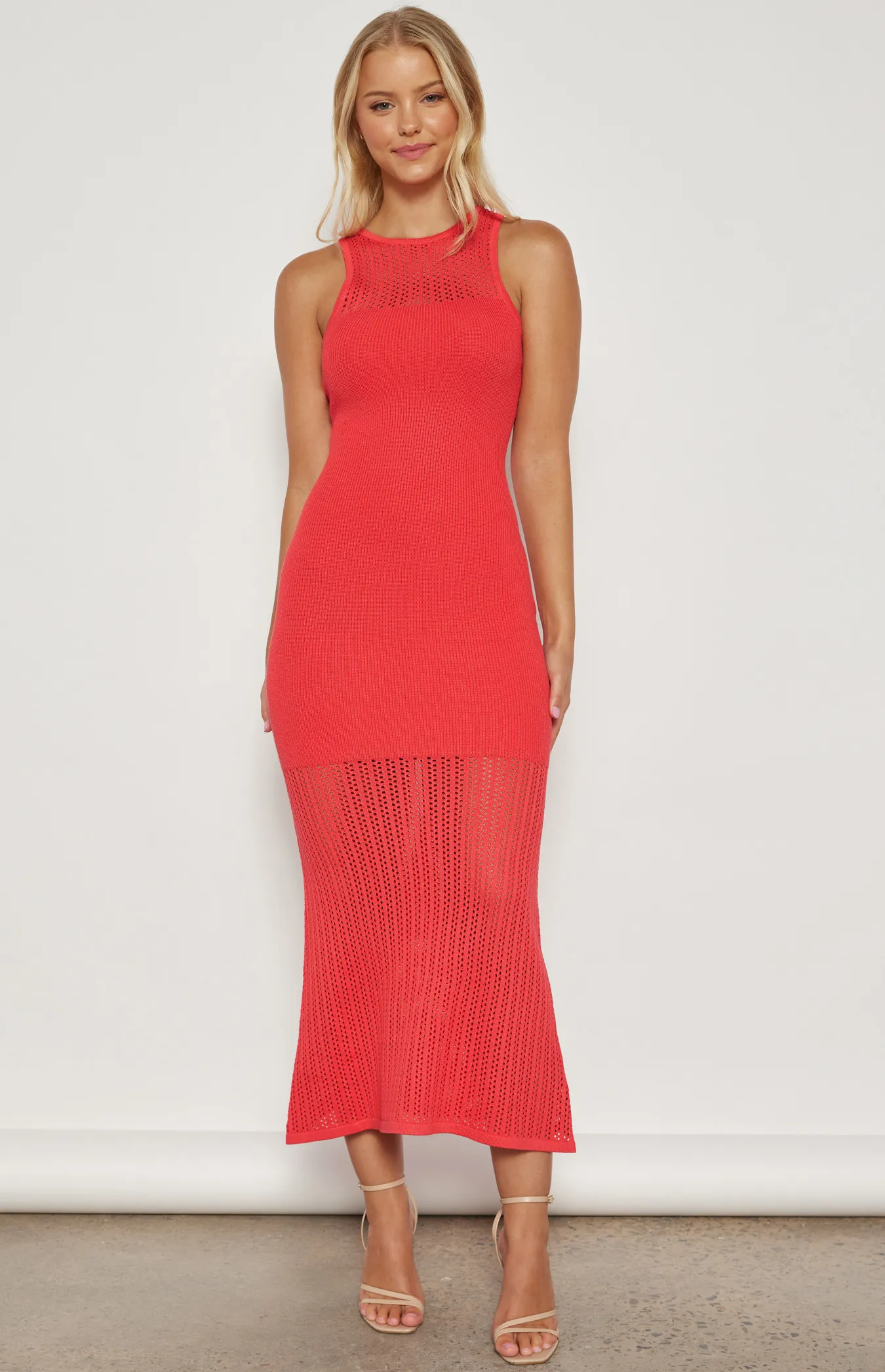 Racer Neckline Crochet Panel Maxi Knit Dress (WKN647)