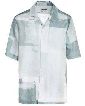 Sea Blue and White Abstract Linen Blend Short Sleeve Sportshirt