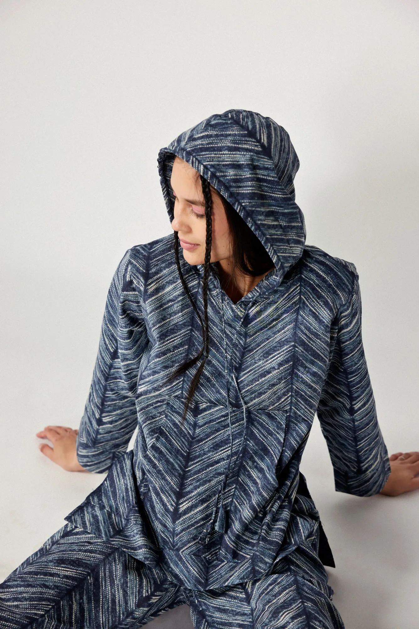 Shibori Print on Indigo Cotton Hoodie Set