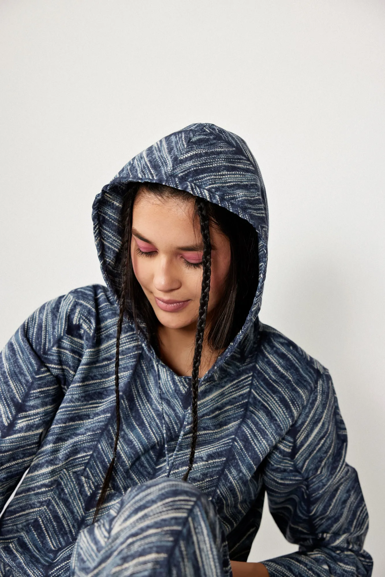 Shibori Print on Indigo Cotton Hoodie Set