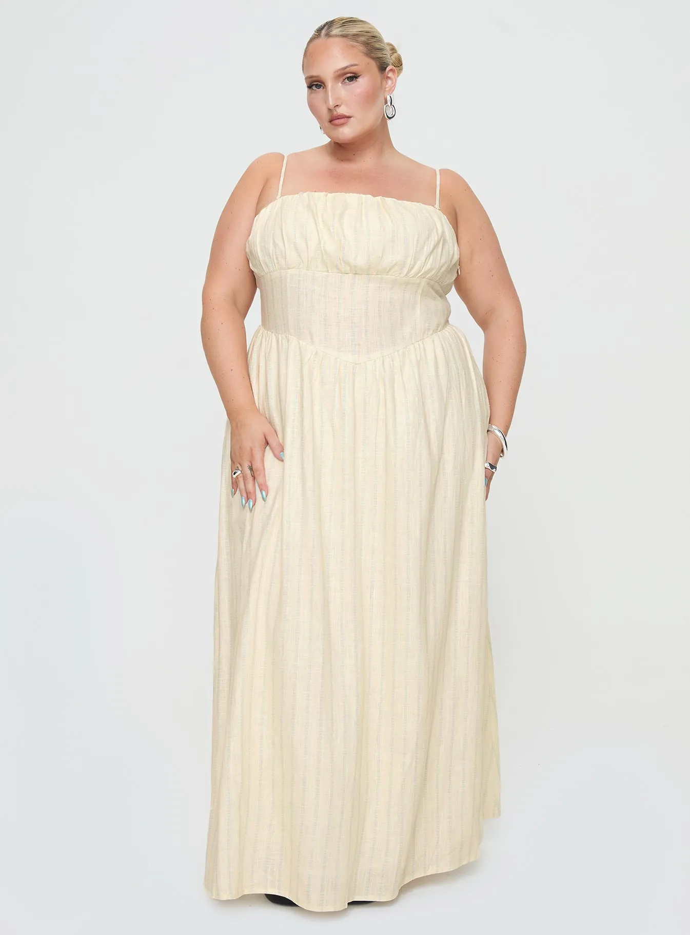 Slow Dance Linen Blend Maxi Dress Cream / Blue Curve