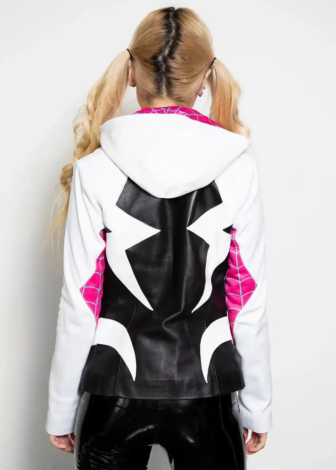 Spider Gwen White & Pink Hoodie Leather Jacket Costume for Womens