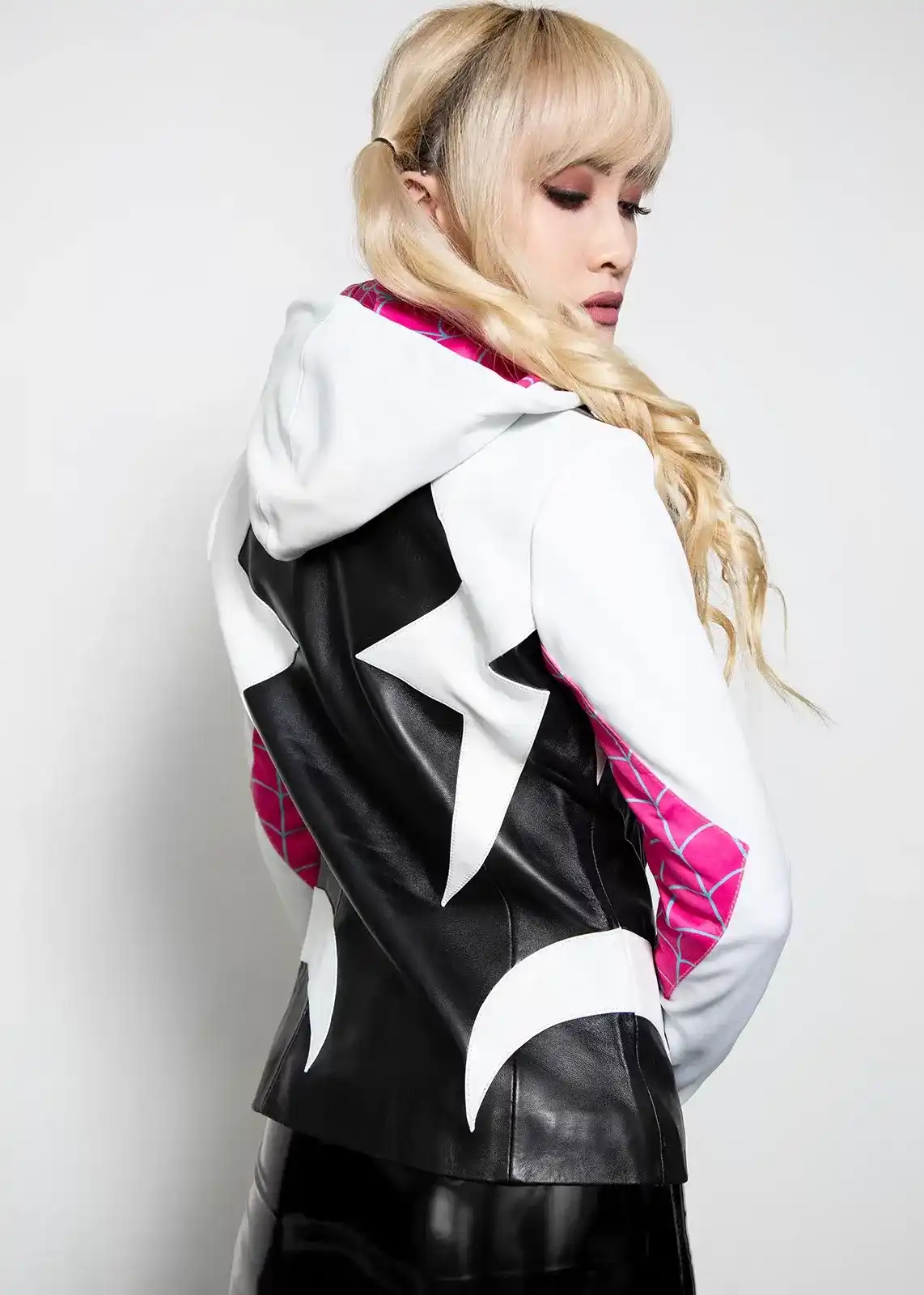 Spider Gwen White & Pink Hoodie Leather Jacket Costume for Womens