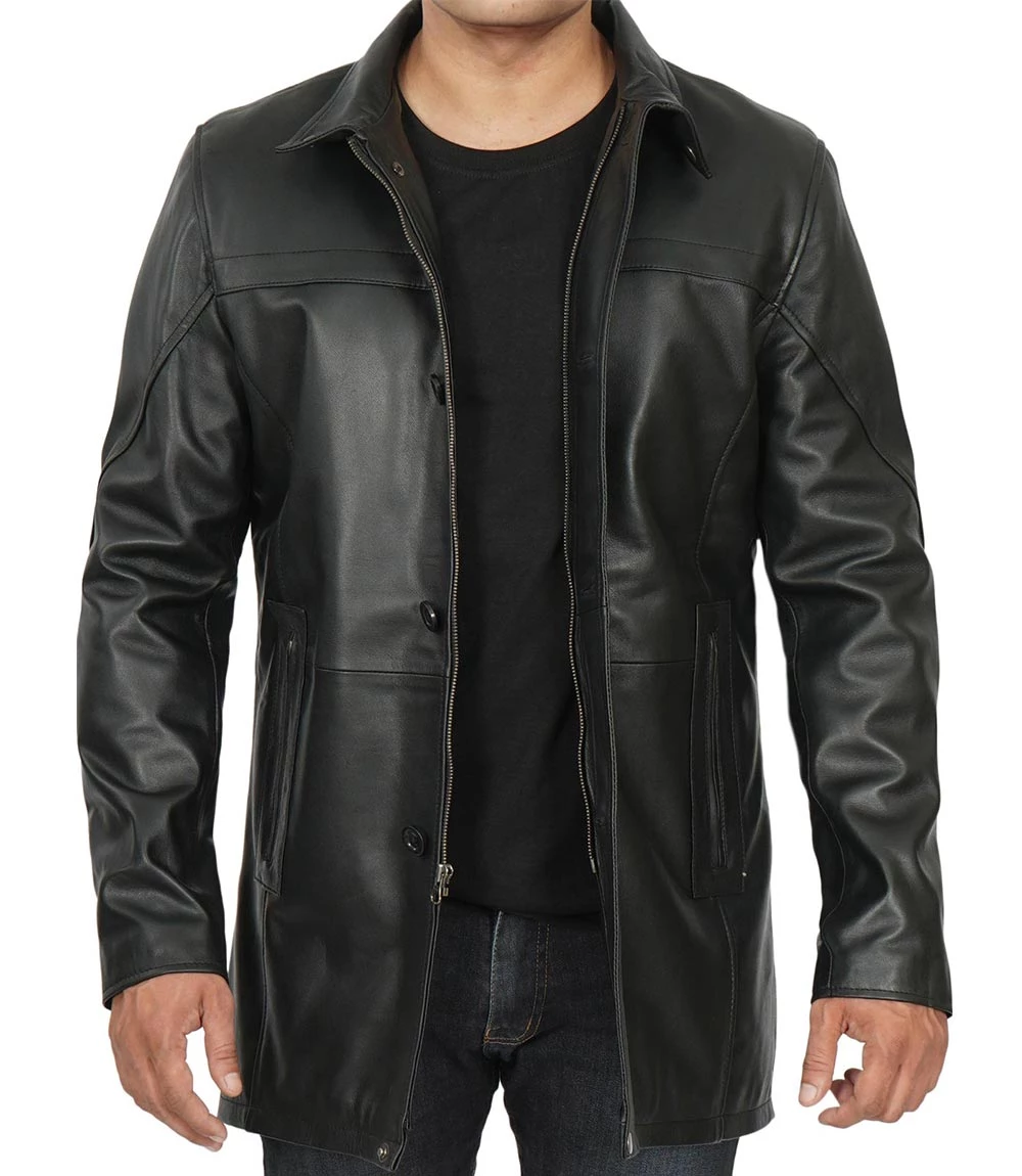 Tall Men's Black Real Leather Car Coat