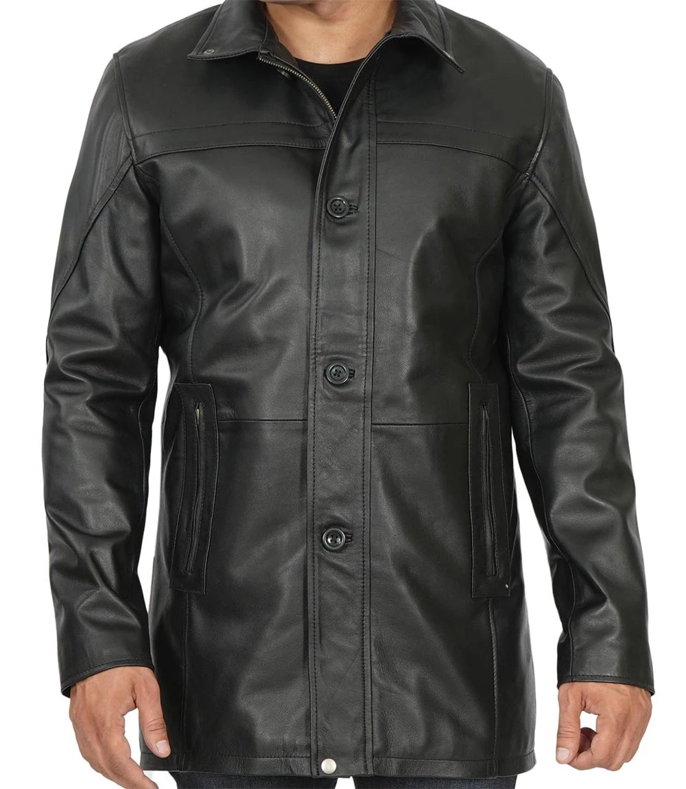 Tall Men's Black Real Leather Car Coat