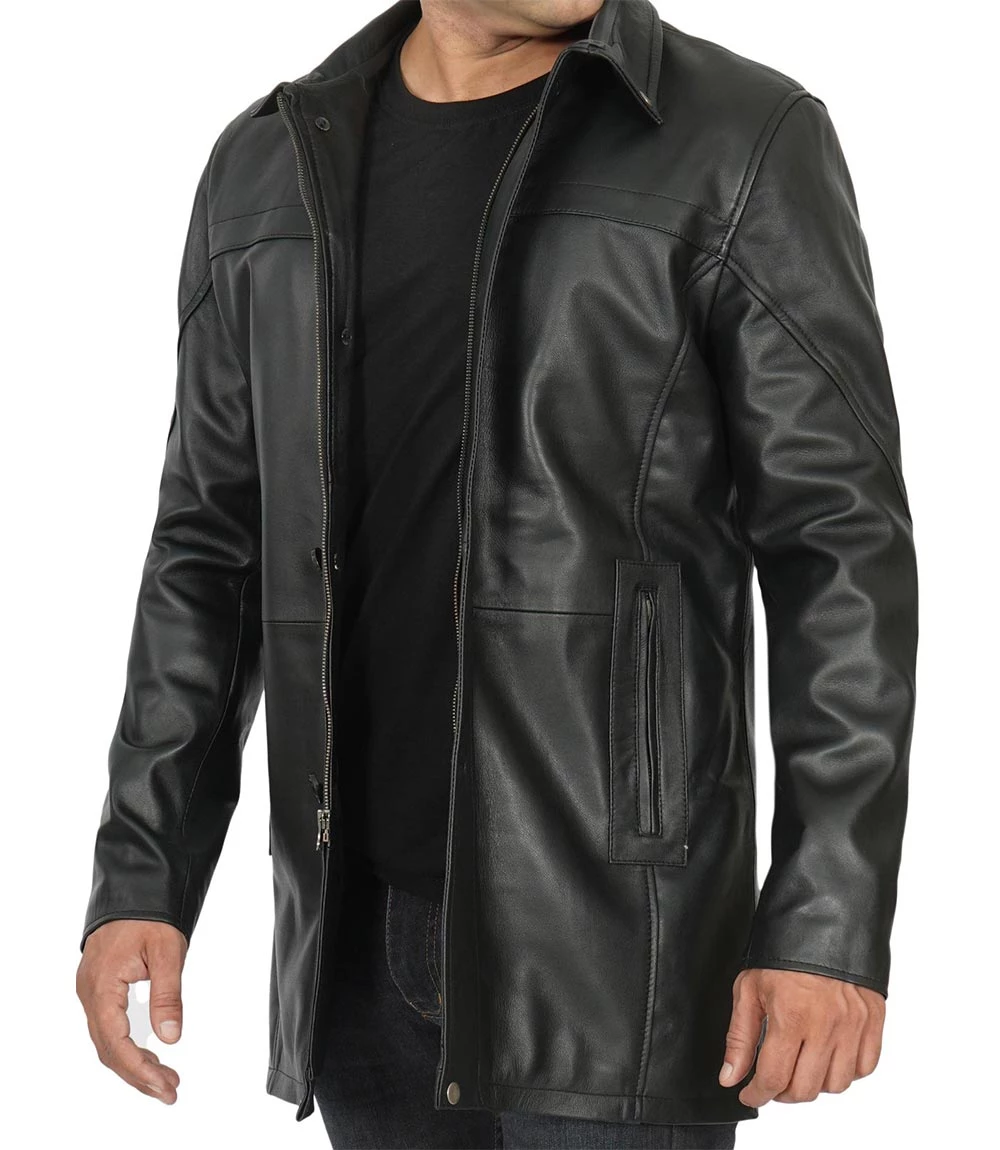 Tall Men's Black Real Leather Car Coat