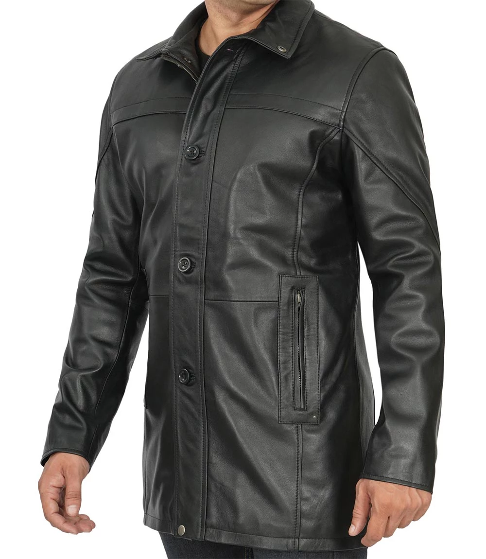 Tall Men's Black Real Leather Car Coat