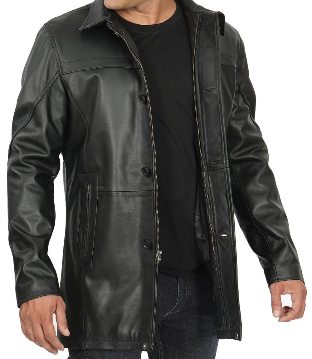 Tall Men's Black Real Leather Car Coat