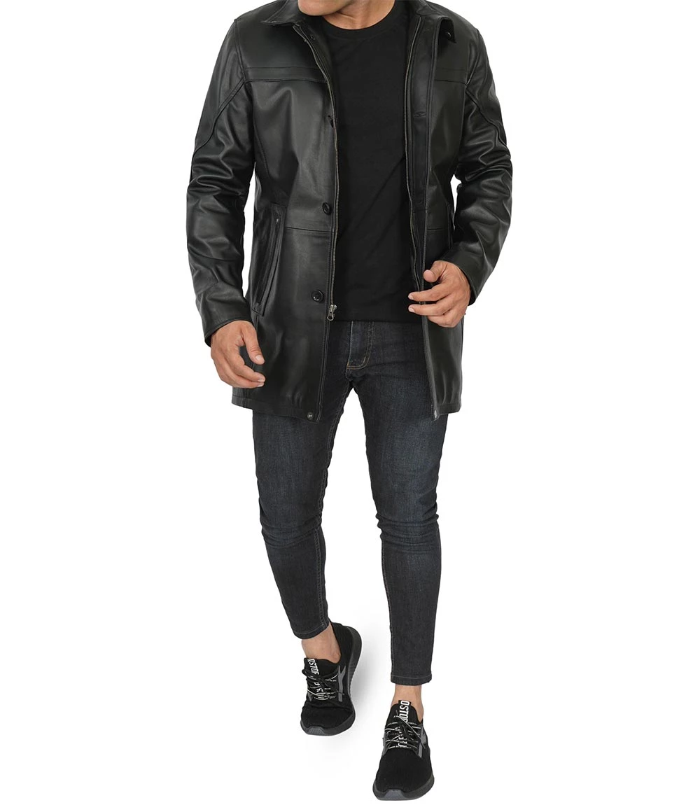 Tall Men's Black Real Leather Car Coat