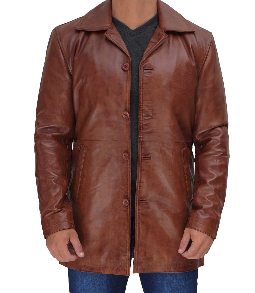 Tan Tall Men's Distressed Leather Car Coat