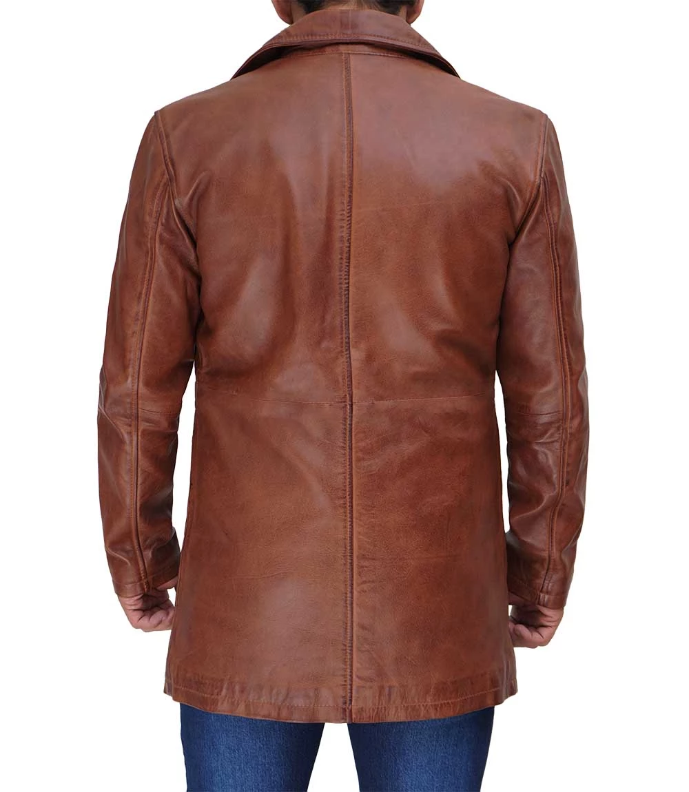 Tan Tall Men's Distressed Leather Car Coat