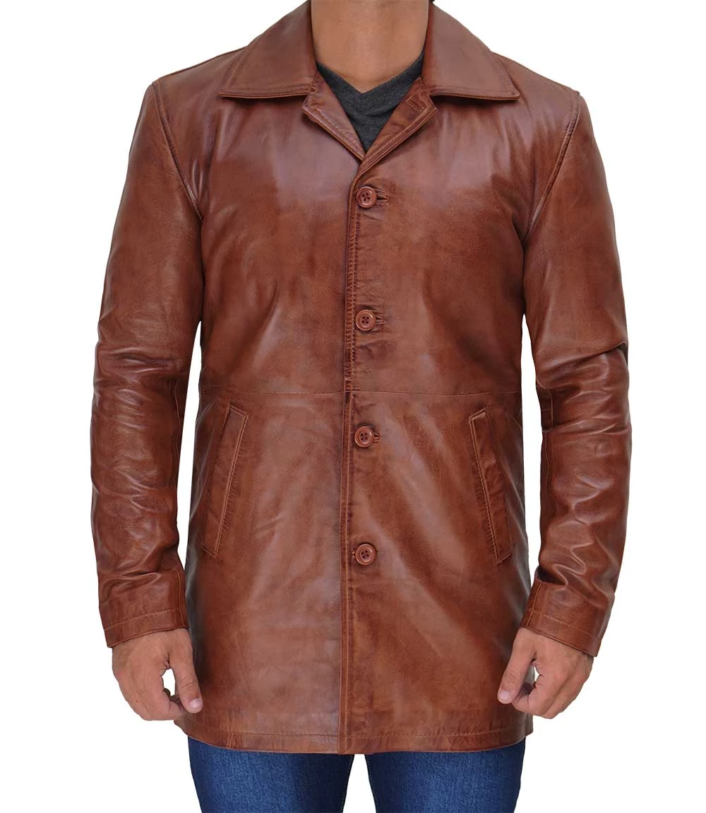 Tan Tall Men's Distressed Leather Car Coat