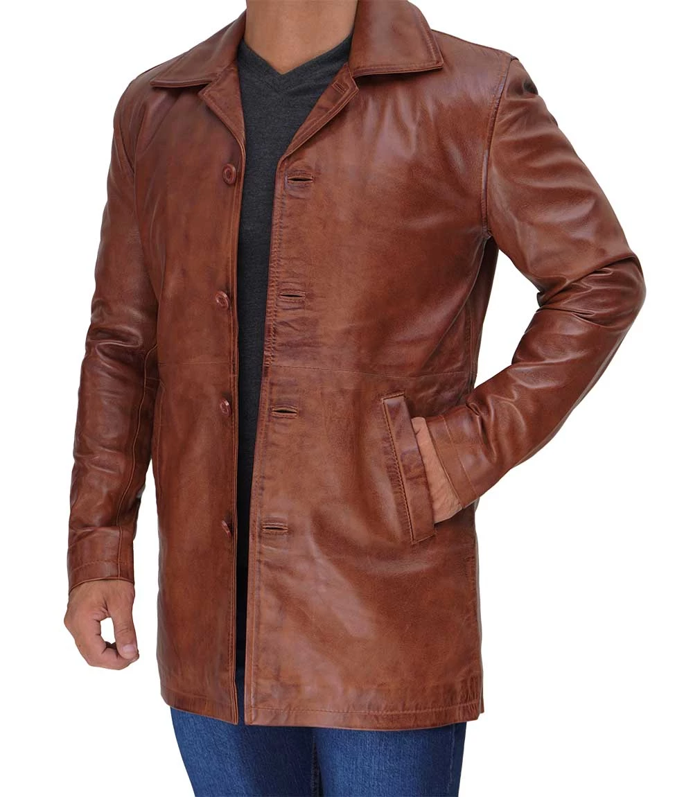 Tan Tall Men's Distressed Leather Car Coat