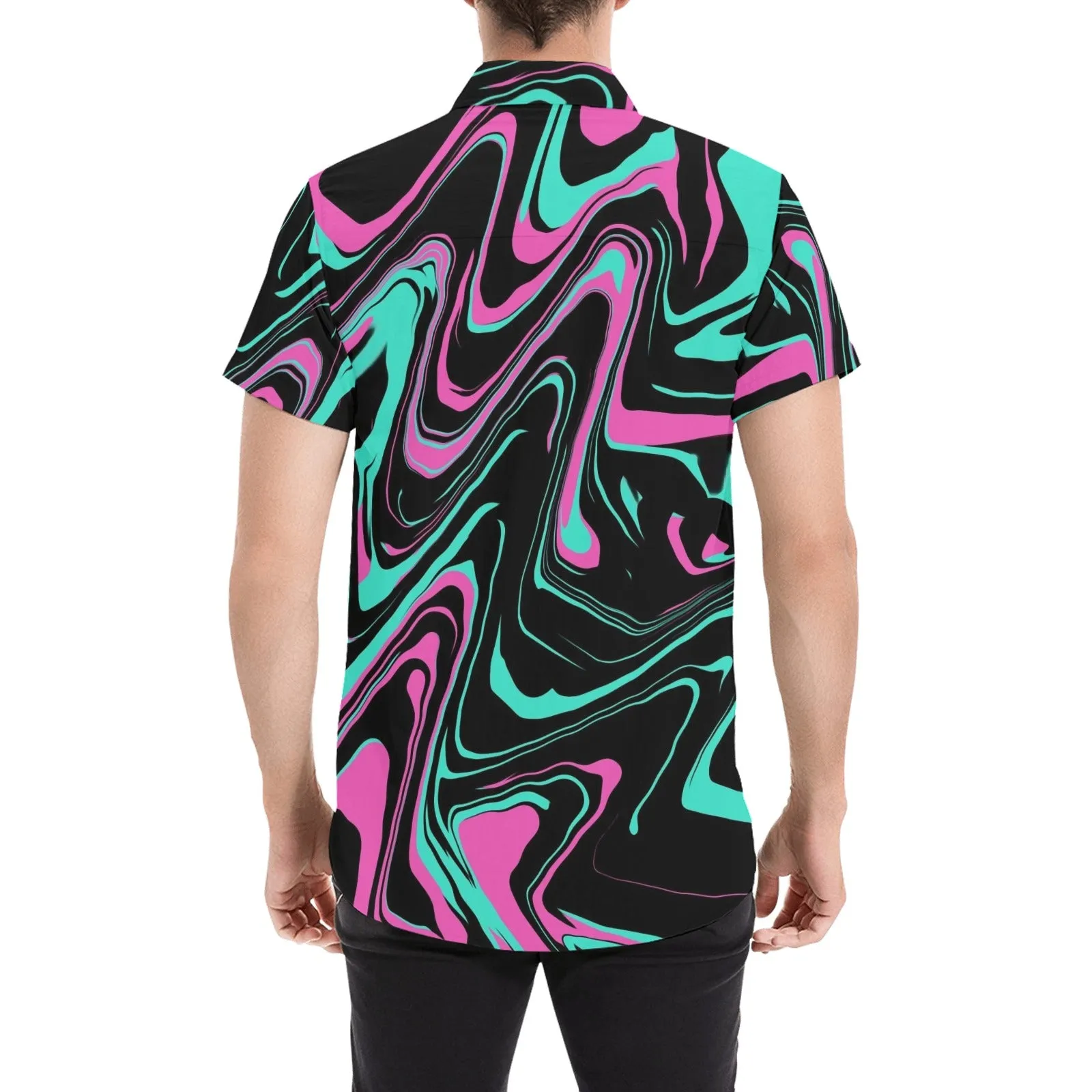 Teal and Pink Psychedelic Melt Short Sleeve Button Up Shirt