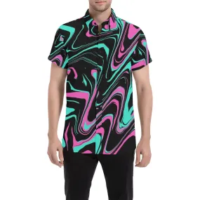 Teal and Pink Psychedelic Melt Short Sleeve Button Up Shirt