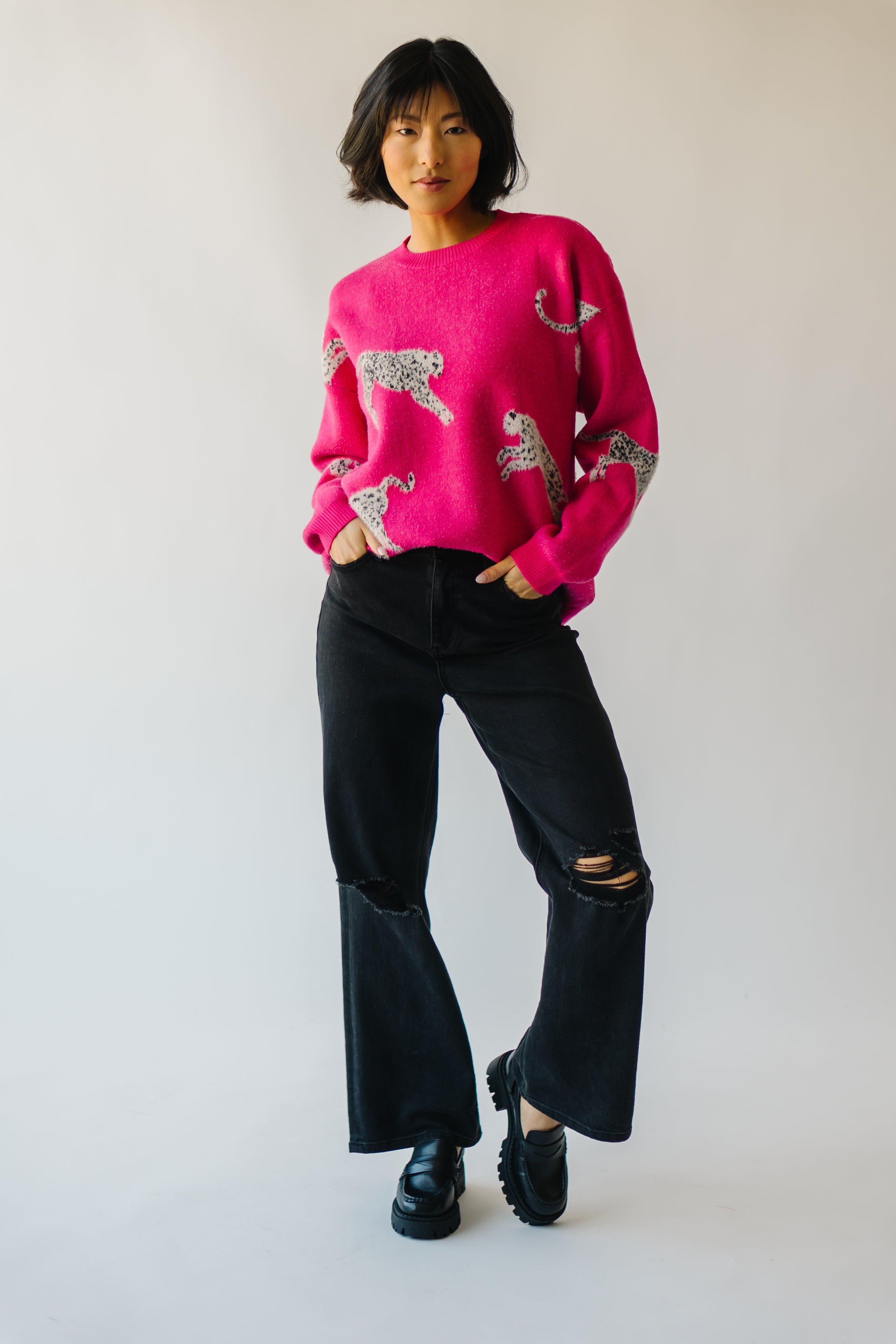 The Kitzman Leopard Detail Sweater in Fuchsia