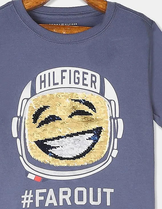 Tommy Hilfiger Kids Boys Blue Crew Neck Embellished Graphic T-Shirt