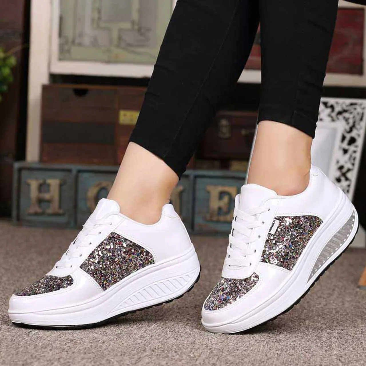 White pattern leather rocker bottom shoe sneaker