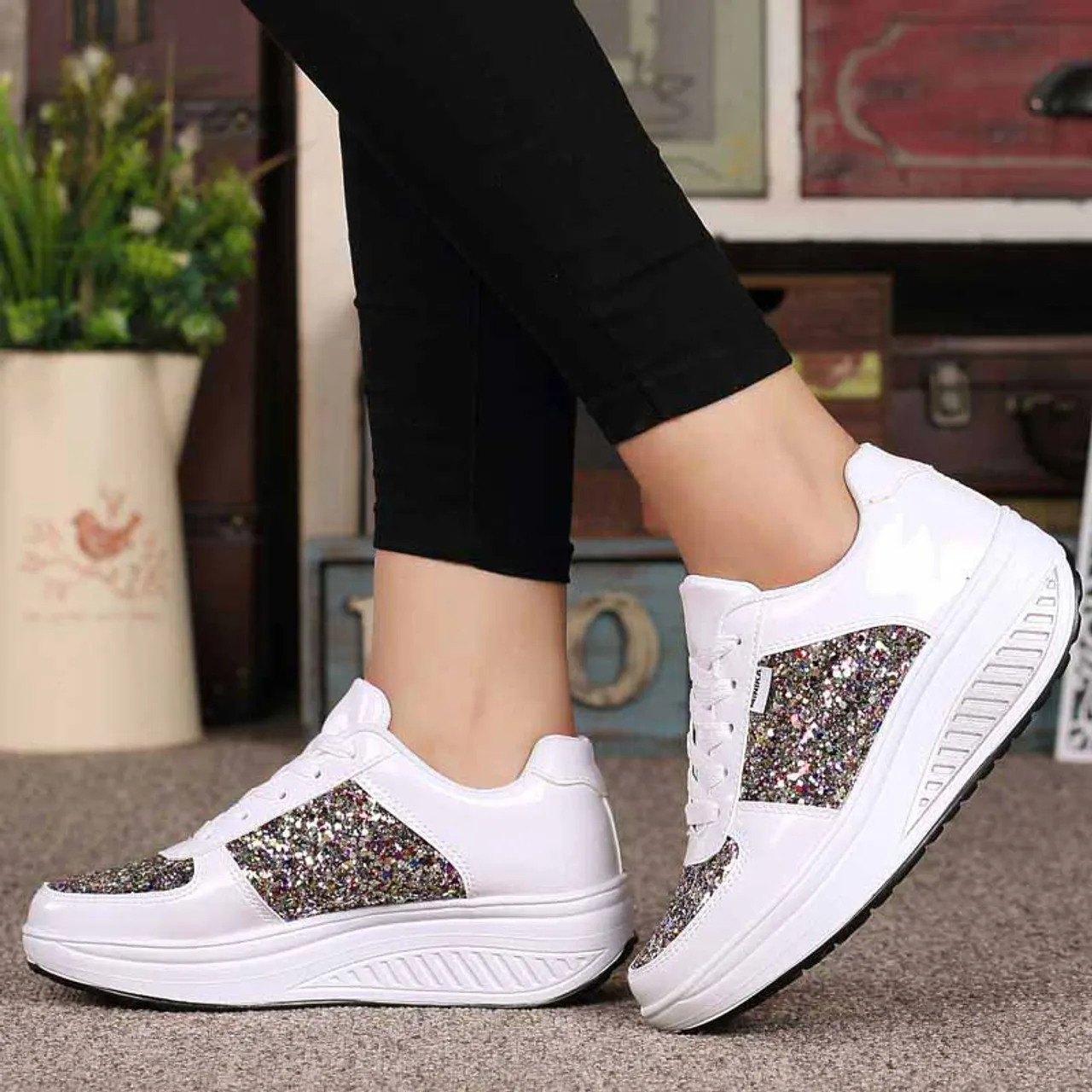 White pattern leather rocker bottom shoe sneaker