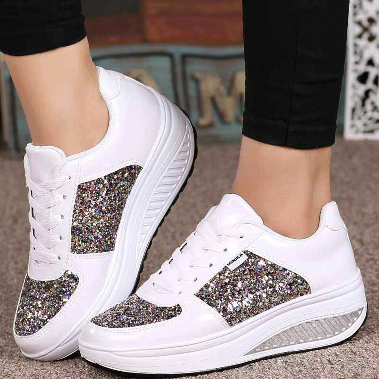 White pattern leather rocker bottom shoe sneaker