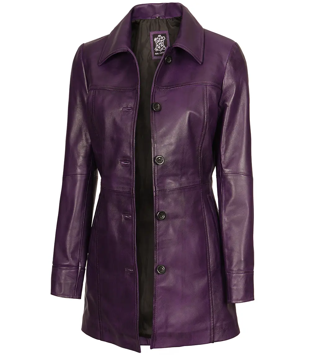 Women Leather Purple 3/4 Length Car Coat