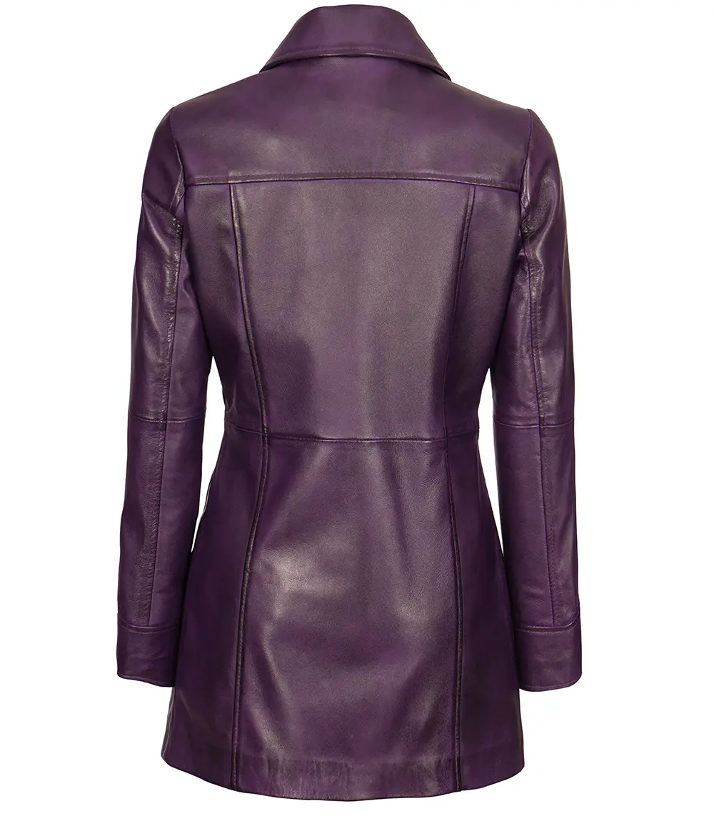 Women Leather Purple 3/4 Length Car Coat