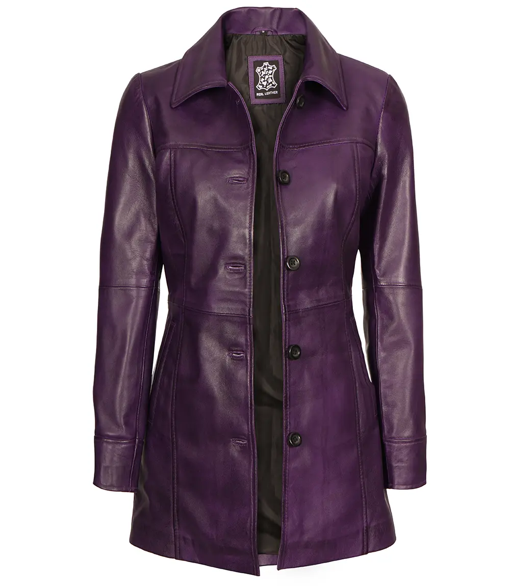 Women Leather Purple 3/4 Length Car Coat