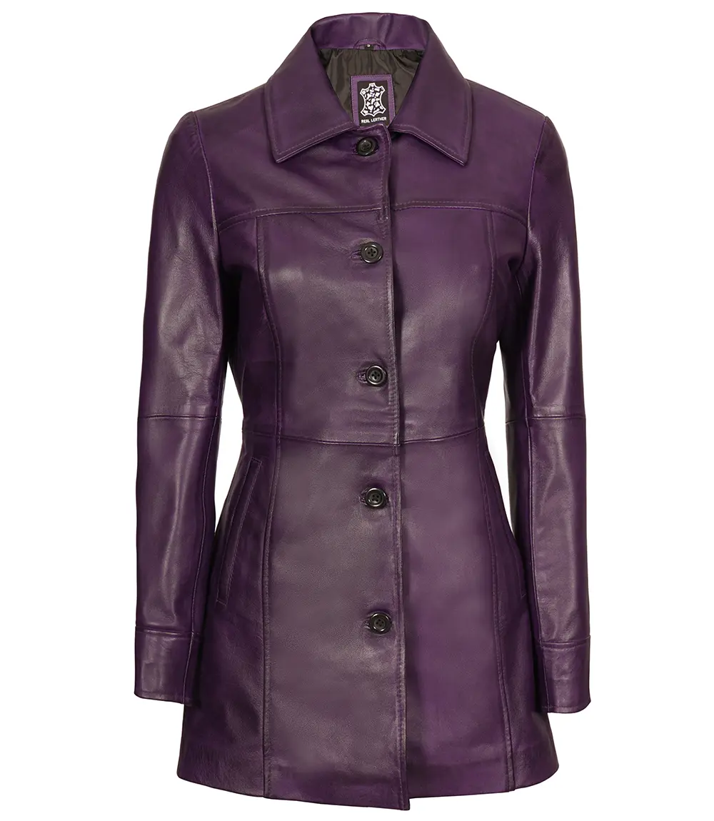 Women Leather Purple 3/4 Length Car Coat