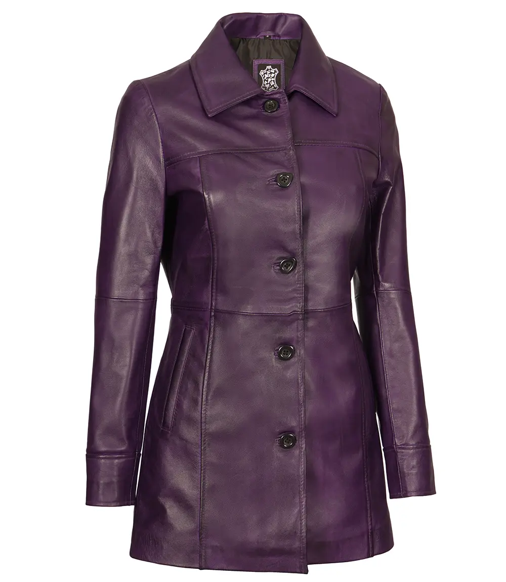 Women Leather Purple 3/4 Length Car Coat