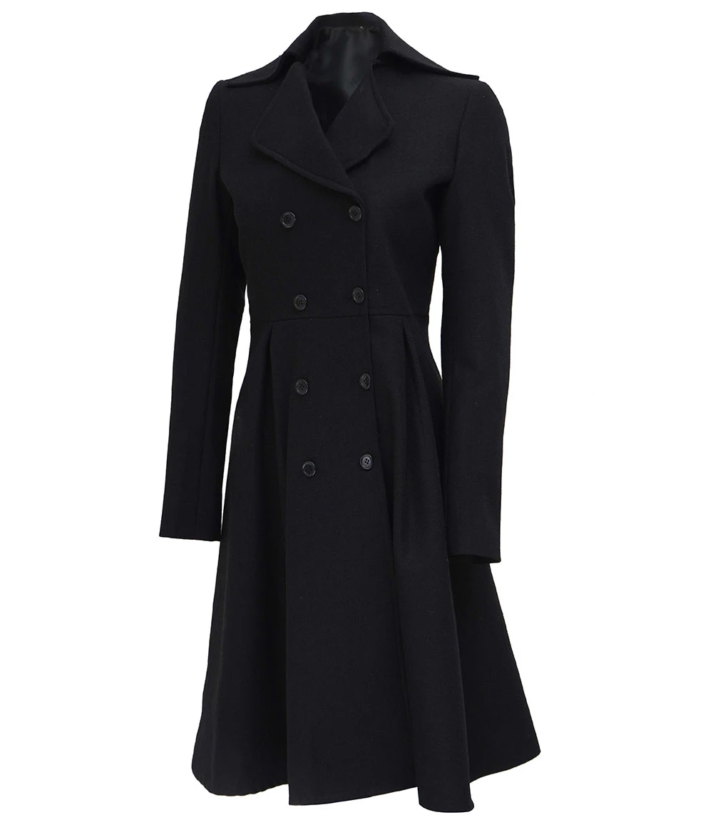 Women's Black Double Breasted Long Wool Trench Coat